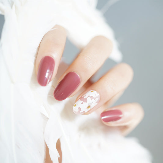 Floral Fantasy Medium Oval Burgundy Press On Nail Set with Daisy Accents