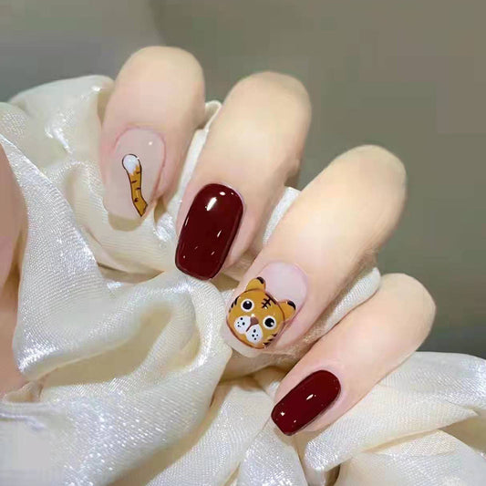 Safari Adventure Medium Length Coffin Press On Nails in Burgundy and Beige with Cute Tiger Accent