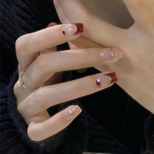 Elegant Evening Medium Coffin Burgundy & Beige Press On Nails with Gemstone Accents