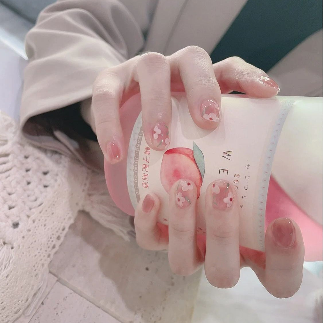 Spring Blossom Short Length Oval Peach Press On Nail Set with Floral Accents