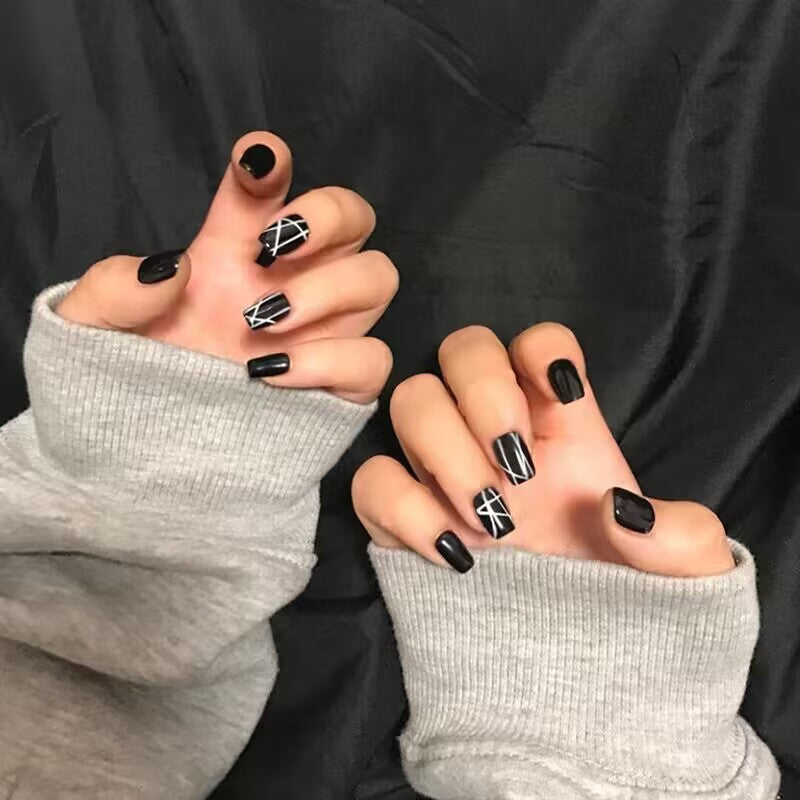 Mystic Midnight Charm Medium Square Black Press On Nails with Geometric Art Accents