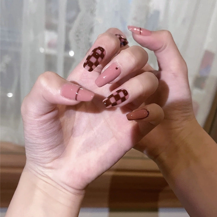 Autumn Elegance Long Coffin Brown Press On Nail Set with Plaid Accents