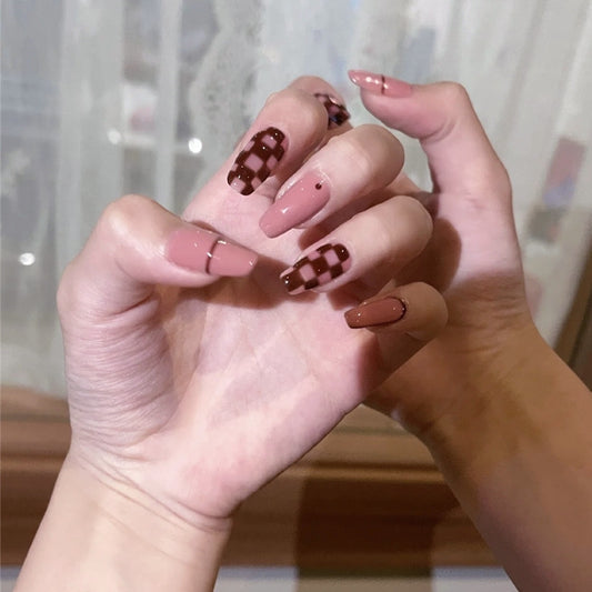 Autumn Elegance Long Coffin Brown Press On Nail Set with Plaid Accents