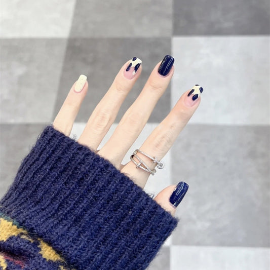 Midnight Elegance Medium Square-Shaped Navy and Cream Press On Nail Set with Abstract Art Detail