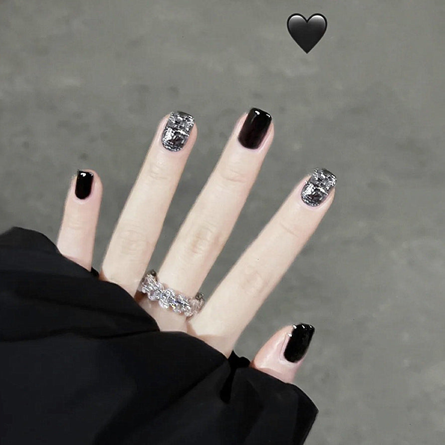 Midnight Glamour Short Square Black Press On Nail Set with Sparkling Accents
