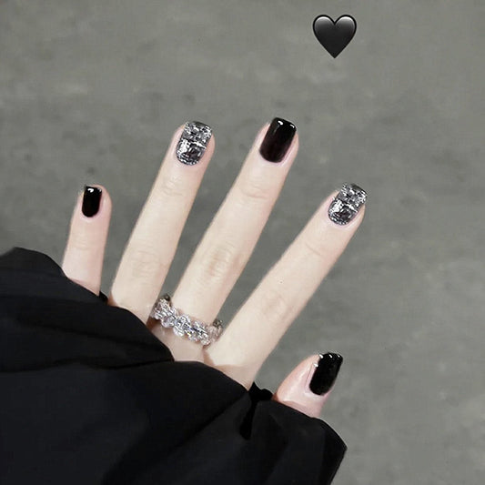 Midnight Glamour Short Square Black Press On Nail Set with Sparkling Accents
