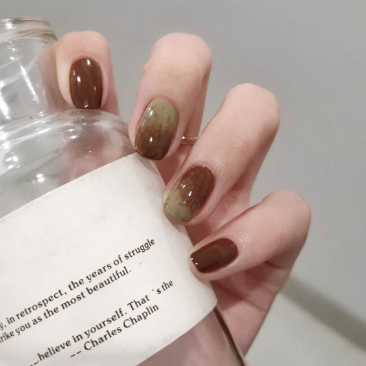 Autumn Elegance Medium-Length Squoval Press On Nail Set in Brown and Green Ombre Look