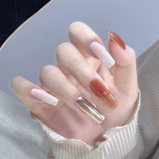 Elegant Autumn Long Coffin-Shaped Press On Nail Set in Earthy Tones with Metallic Accent