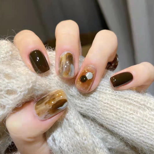 Autumn Elegance Medium Square Brown Marble Effect Press On Nail Set with Accent Charms