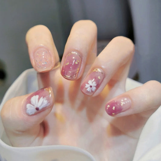 Spring Blossom Medium Square Pink Floral Glitter Press On Nail Set 2