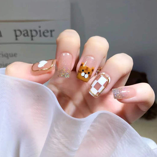 Autumn Elegance Medium Square Beige Glitter Accent Press On Nail Set with Cute Bear Design