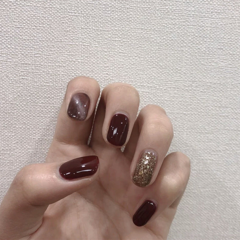 Autumn Elegance Short Squoval Burgundy Press On Nails with Glitter Accent