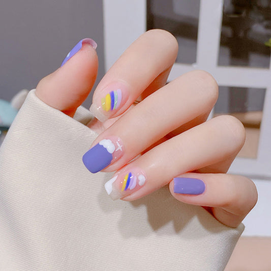 Springtime Elegance Medium-Length Square-Shaped Press-On Nail Set in Lavender and Cloudy Rainbow Design