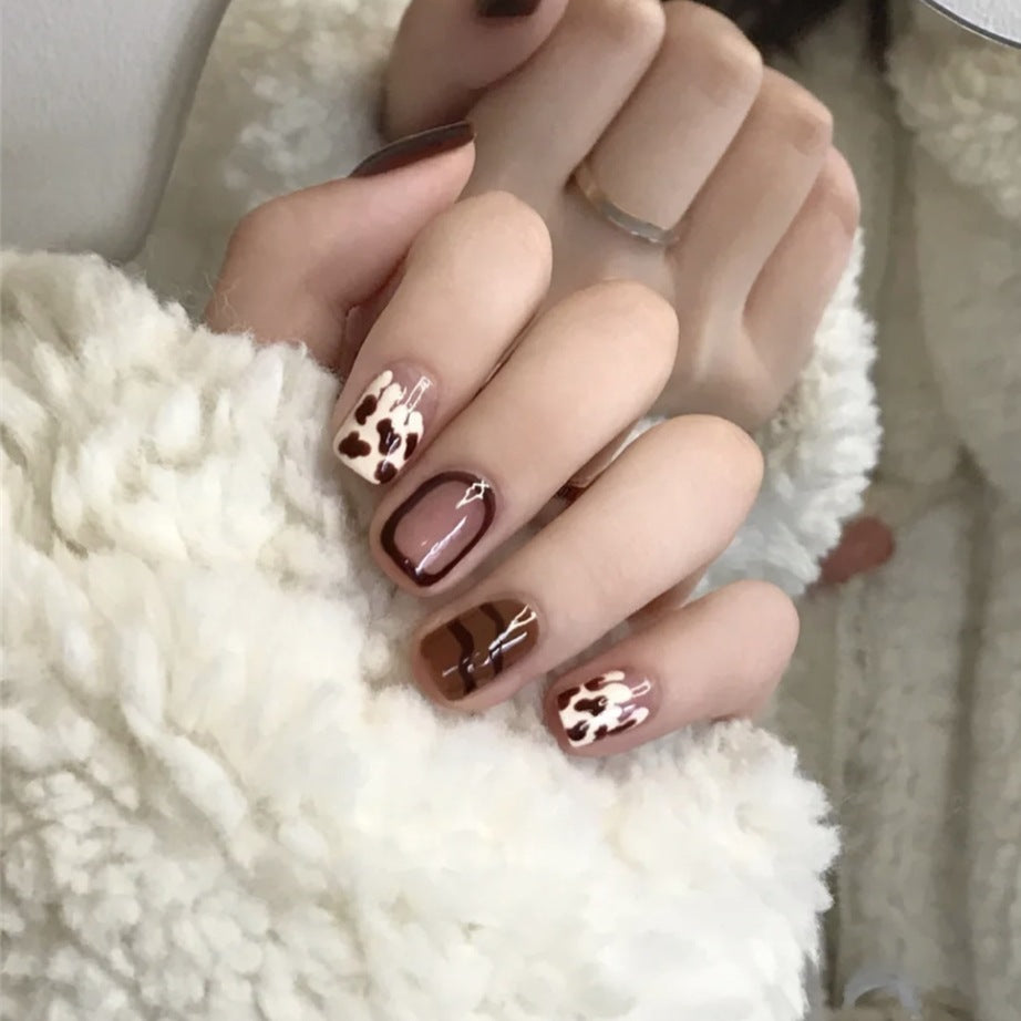 Autumn Elegance Medium Length Square Shape Brown Press On Nail Set with Animal Print Accents