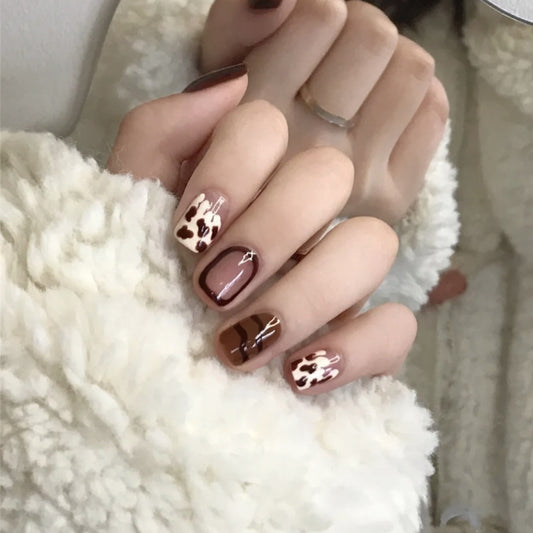 Autumn Elegance Medium Length Square Shape Brown Press On Nail Set with Animal Print Accents