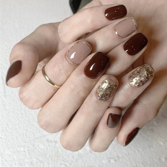 Autumn Elegance Medium Length Square Chocolate Brown Press On Nails with Gold Flake Accents