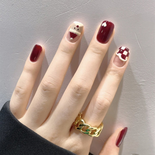 Autumn Elegance Medium Square Burgundy Press On Nails with Accent Bear and Plaid Designs