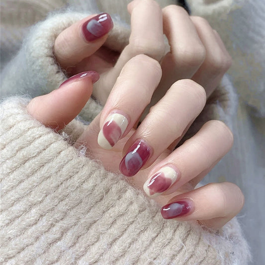 Autumn Elegance Medium-Length Oval Maroon & Beige Ombre Press-On Nails with Gloss Finish