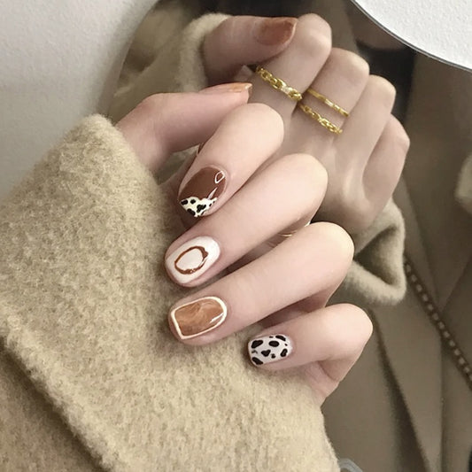 Autumn Elegance Short Length Square Shape Beige and White Press On Nails with Animal Print Accents