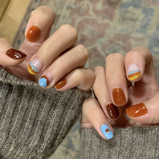 Autumn Splendor Short Length Squoval Press On Nails with Multi-Color Stripes and Glitter Accent