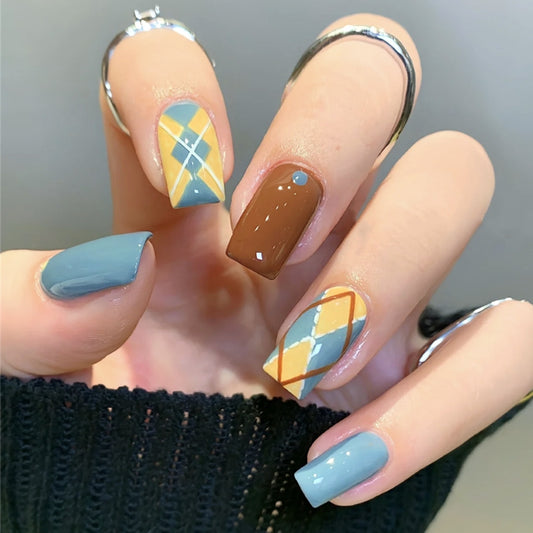 Autumn Elegance Medium Square Multicolor Geometric Pattern Press On Nail Set