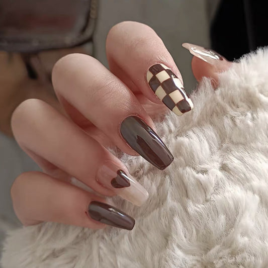 Autumn Elegance Long Coffin Taupe and Brown Checkerboard Accent Press On Nail Set
