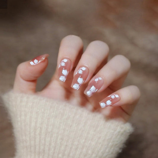 Floral Dream Long Coffin Transparent Press On Nail Set with White Blossom Design