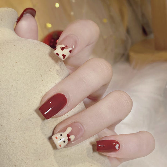 Valentine's Day Romance Medium Square Deep Red Press On Nail Set with Love Heart Accents and Adorable Bear Design