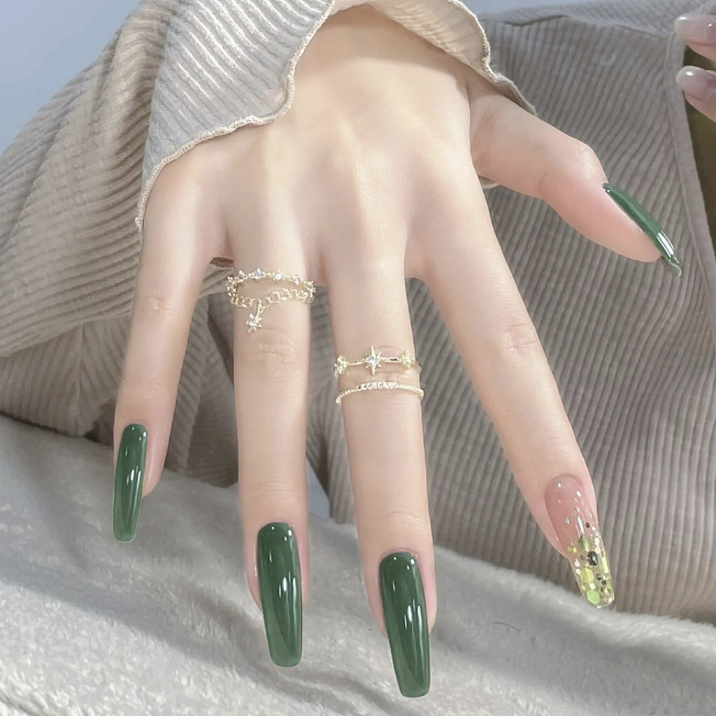 Enchanted Forest Long Coffin Green Press On Nail Set with Accent Glitter Feature