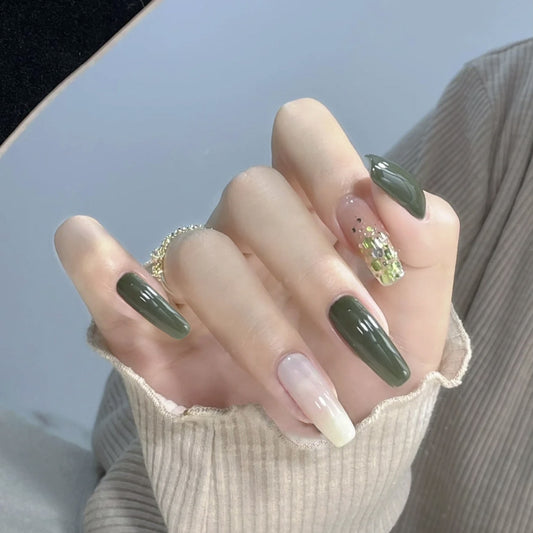 Enchanted Forest Long Coffin Olive Green Ombre Press On Nail Set with Sparkling Accents