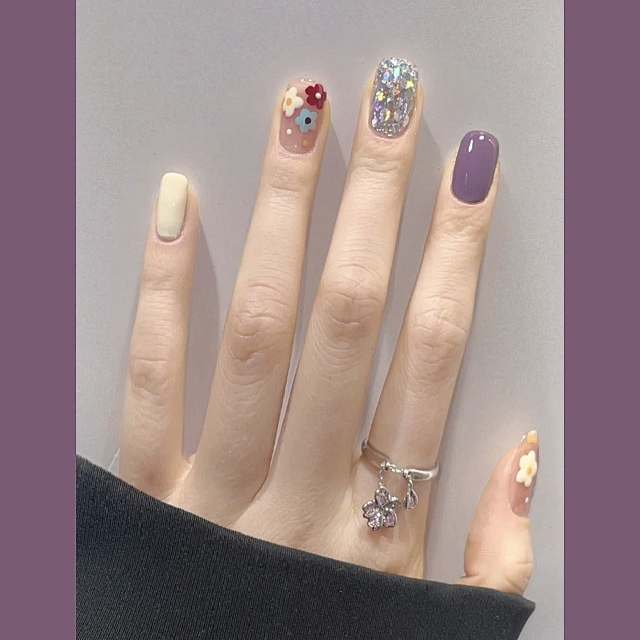 Enchanted Garden Medium Square-Shaped Press On Nail Set in Pastel and Glitter with Floral Accents