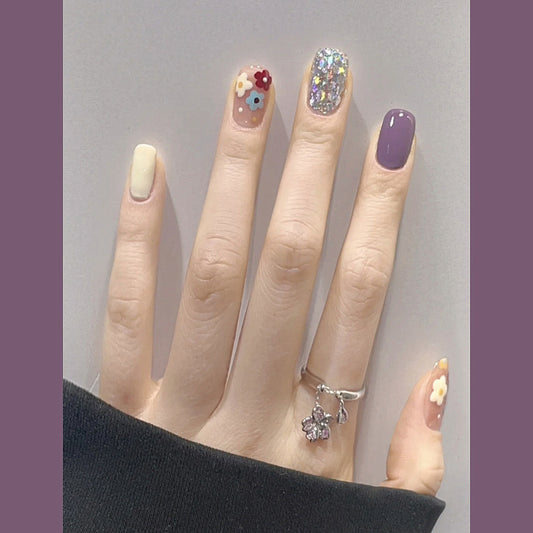 Enchanted Garden Medium Square-Shaped Press On Nail Set in Pastel and Glitter with Floral Accents