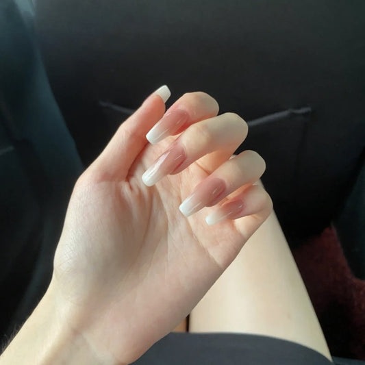 Elegant Ombre Long Coffin Press-on Nail Set, Beige to White Gradient with High Gloss Finish