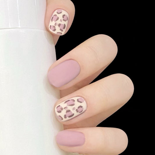 Safari Chic Short Length Squoval Mauve Press On Nails with Leopard Print Accents