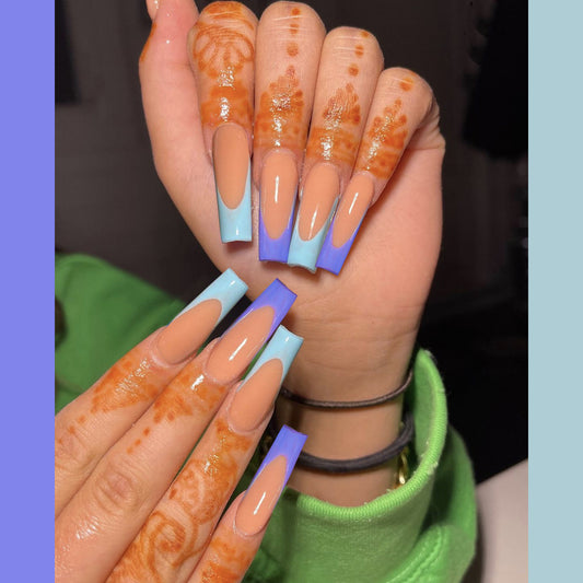 Ocean Bliss Extra Long Coffin Press On Nails Set in Pastel Blue and Peach with Ombre Effect