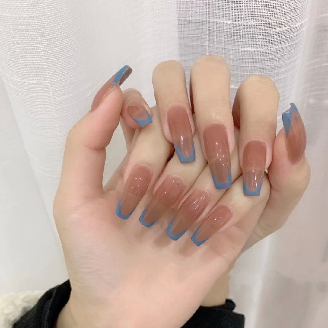 Summer Elegance Long Coffin Beige Press On Nails with Sky Blue Accents