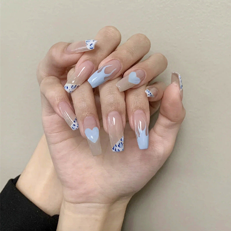 Elegant Affair Extra Long Coffin Beige and Blue Press On Nails with Heart Accents and Animal Print Design