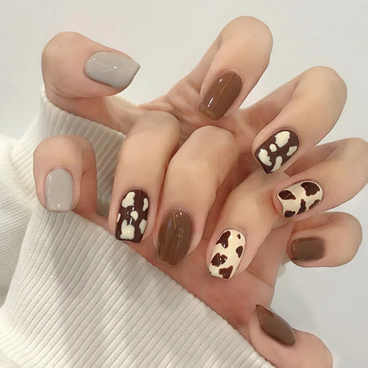 Safari Adventure Medium Length Coffin Press On Nails in Taupe and Cream Animal Print Accents