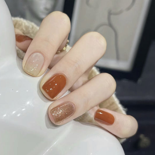 Autumn Elegance Medium Length Square Press On Nail Set, Multi-Tonal Browns with Glitter Accent Nails
