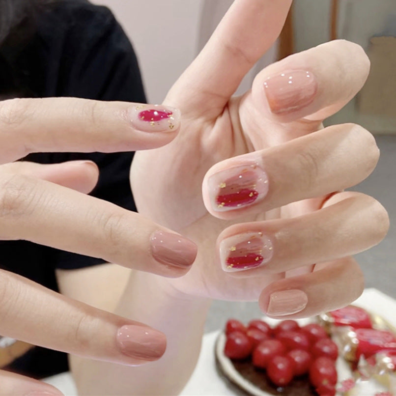 Elegant Chic Short Square Beige Press On Nail Set with Gold Flake Accents