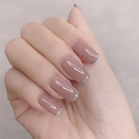 Elegant Evening Medium Square Mauve Press On Nails with Glitter Accent Trim