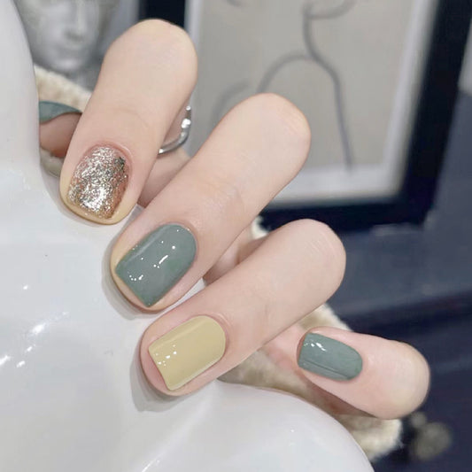 Vintage Charm Medium Square Press On Nail Set, Multi-Color Palette with Glitter Accent Nail