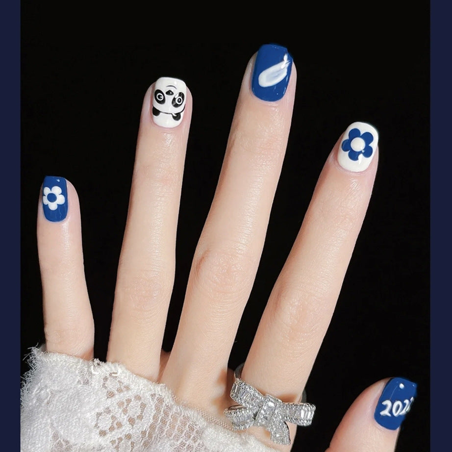 Panda Party Medium Square Blue Press On Nails with Playful Panda and Floral Accents