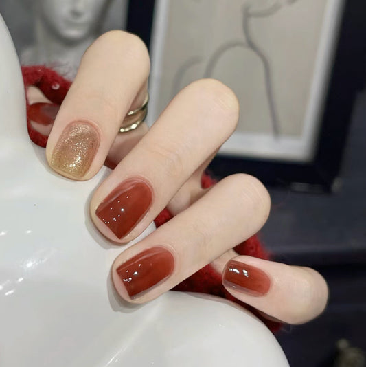 Autumn Elegance Medium Length Square Press On Nails Set in Multi-Tone Browns with Glitter Accents