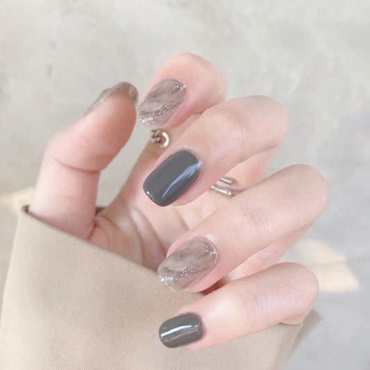 Elegant Evening Medium Square Charcoal Grey Press On Nail Set with Glitter Accent