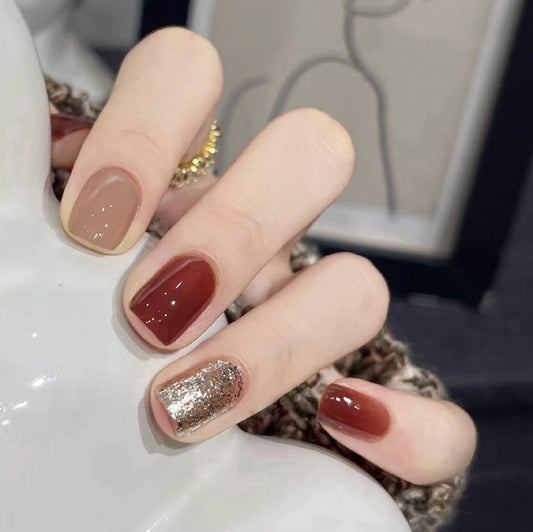 Elegant Autumn Medium-Length Square Burgundy and Beige Press On Nail Set with Glitter Accent