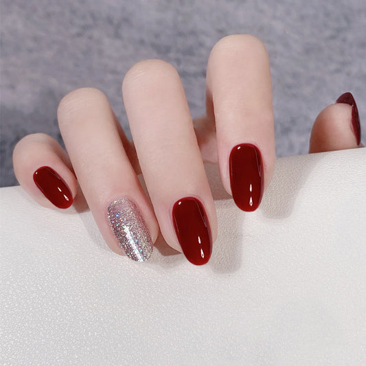 Elegant Evening Medium Oval Burgundy and Glitter Accent Press On Nail Set