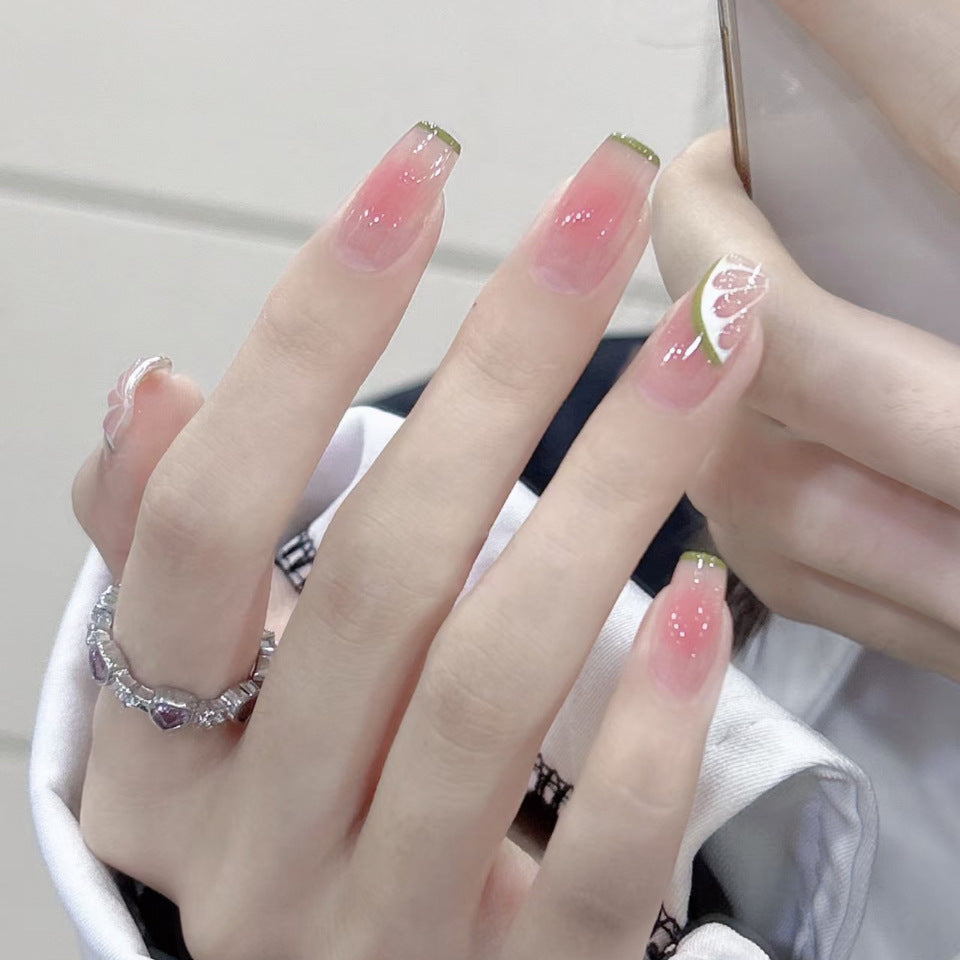 Enchanted Garden Medium Coffin Pink Gradient Press On Nail Set with Glitter Accents and Floral Design