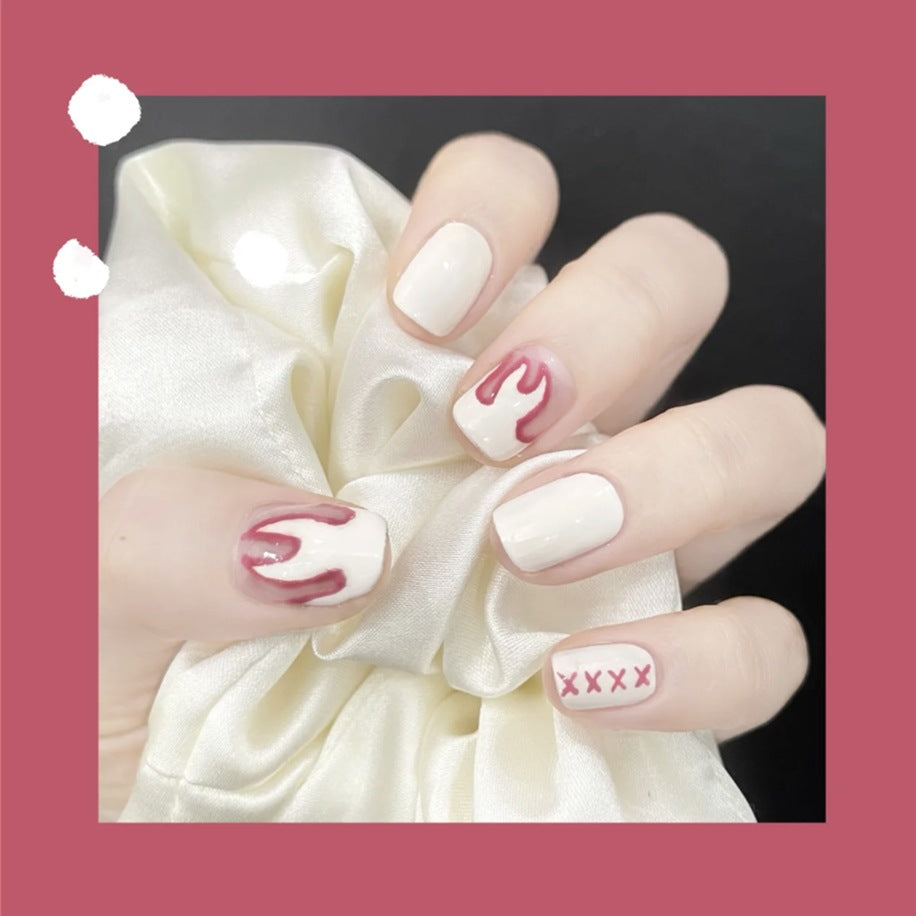 Enchanted Elegance Short Length Square Shaped Press On Nail Set in Milky White with Pink Accents and Kisses Design