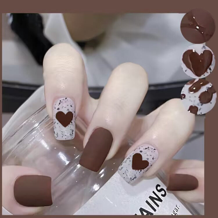 Chic Coffeehouse Collection Medium Length Square Matte Brown Press On Nails with Spotted Heart Accents